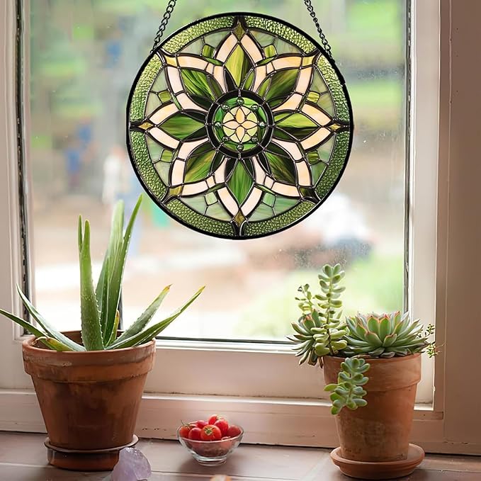 HWRHTR Stained Glass Window Hanging - White Green Boho Flower Suncatcher for Doors Window Home Sun Catchers Decor Christmas Mother's Day Birthday Gifts for Teacher Women Men Mom Nana 11.8 in