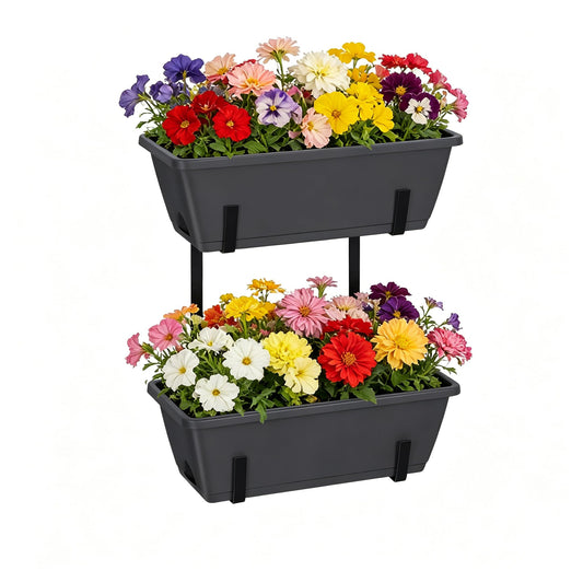 Railing Planter Box 2 Pack Rectangular Window Boxes Planters with Double Adjustable Brackets, Balcony Deck Railing Hanging Planters Herb Flower Pots for Indoor Outdoor Plants Garden Fence Rail
