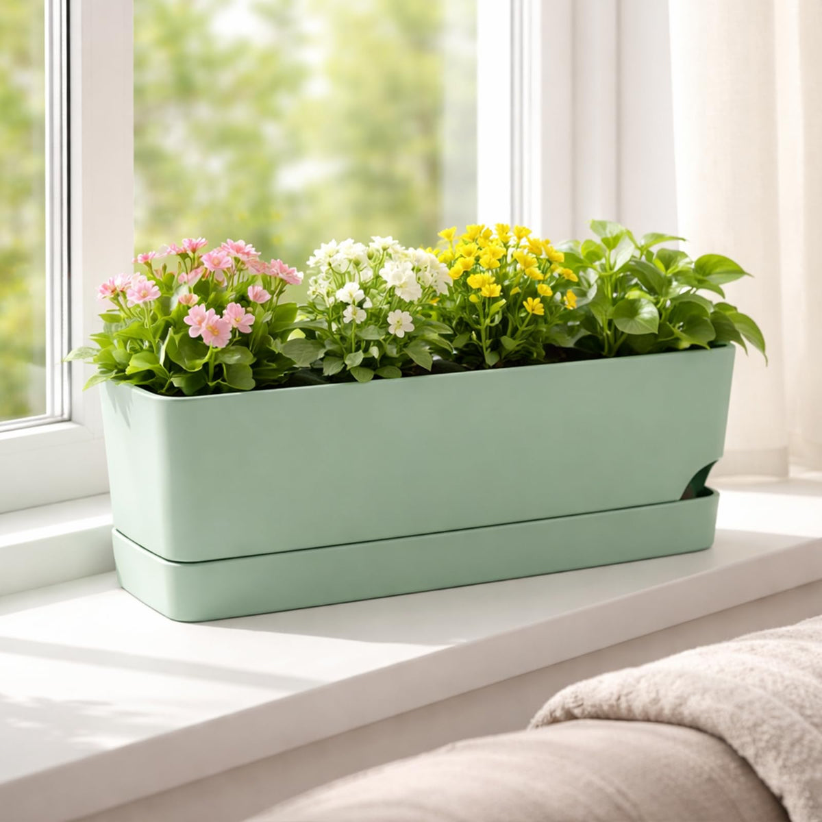 Party Zealot Window Boxes Planters, 5 Pack Self Watering Pots for Indoor Plants 17 Inch Rectangular Planter Rectangle Flower Pots Long Plant Pot Large Window Sill Herb Planter Box, Green