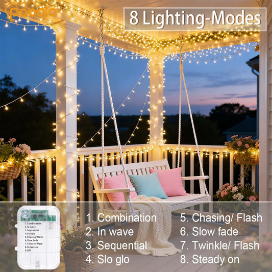 Pooqla 2 Pack String Lights Battery Operated, Total 66.6ft 200 LED Fairy Lights Indoor Outdoor Decorations, 8 Modes Warm White Battery Christmas Lights for Bedroom Classroom Porch Party Yard Decor