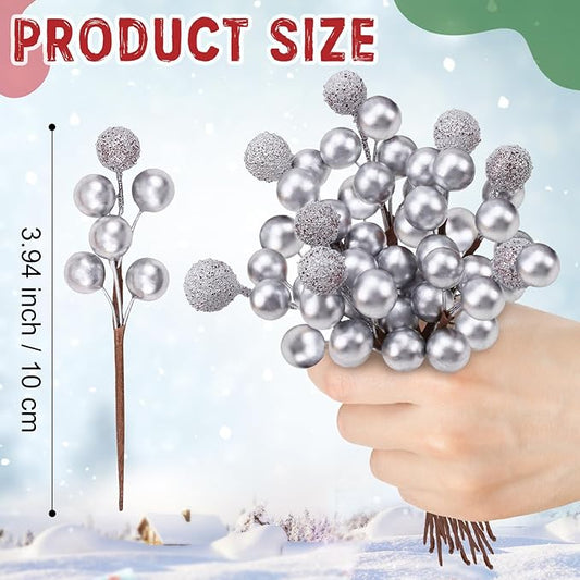 10pcs Fake Silvery Berries Artificial Glitter Decorations Glitter Foam Flower Core Lifelike Plants Picks Wedding Holiday DIY Crafts Bouquet