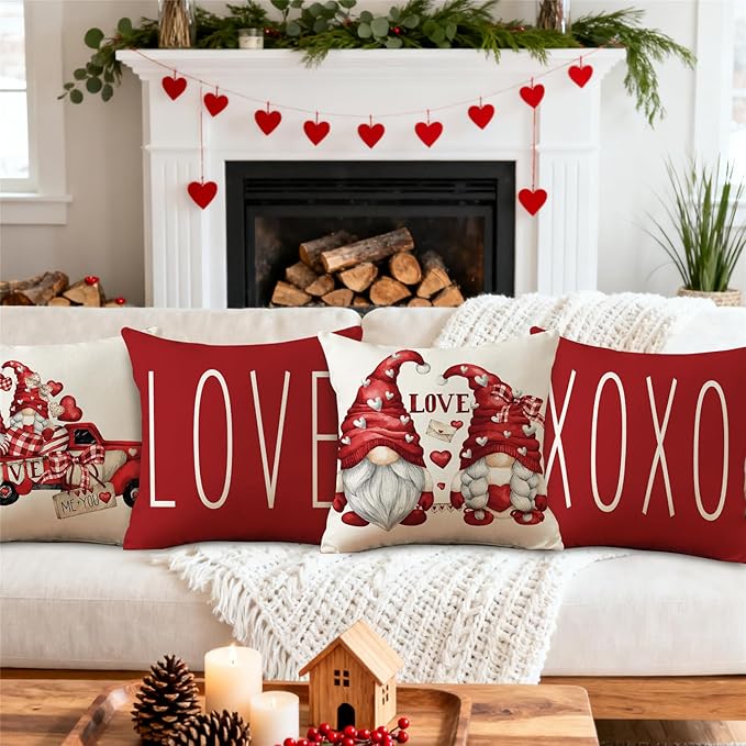 NIGHTWISH Valentine's Day Pillow Covers 20x20 Set of 4 Love Heart Truck Gnomes Valentines Day Decorations XOXO Wedding Throw Cushion Case for Sofa Couch