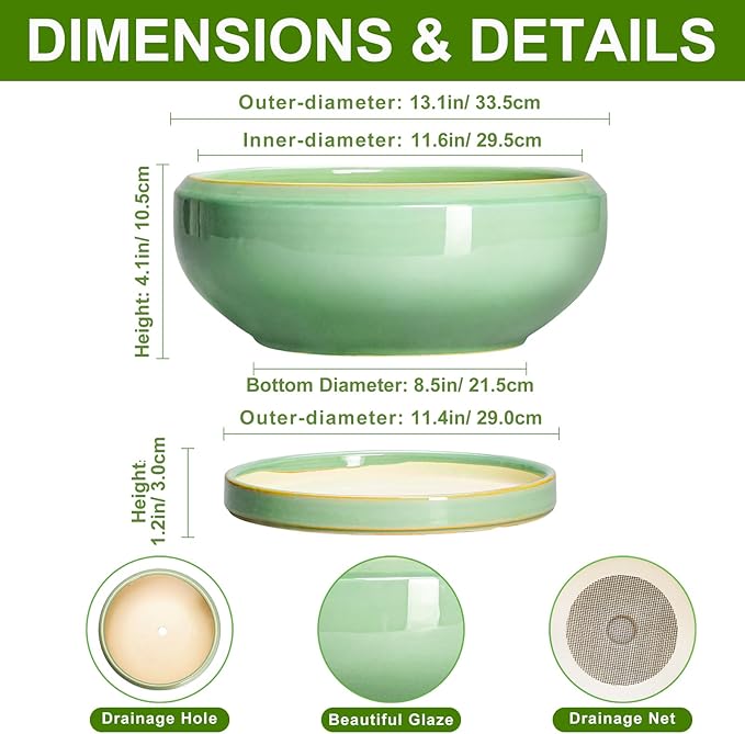 EPFamily Large Bonsai Pots - 13 Inch Ceramic Succulent Pots for Indoor Outdoor, Ceramic Planter with Drainage Hole and Saucer, Shallow Round Planter, Garden Decor, Gifts for Women Men, Light Green