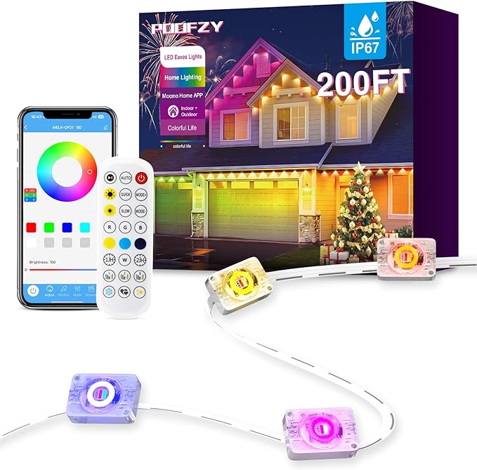 POOFZY Permanent Outdoor Lights for House,200ft RGB+IC Smart Outdoor Decor, 50 Scene Modes,App/Remote Control,for Christmas,Super Bowl,V-Day,Thanksgiving,Daily & Holiday Party Decor