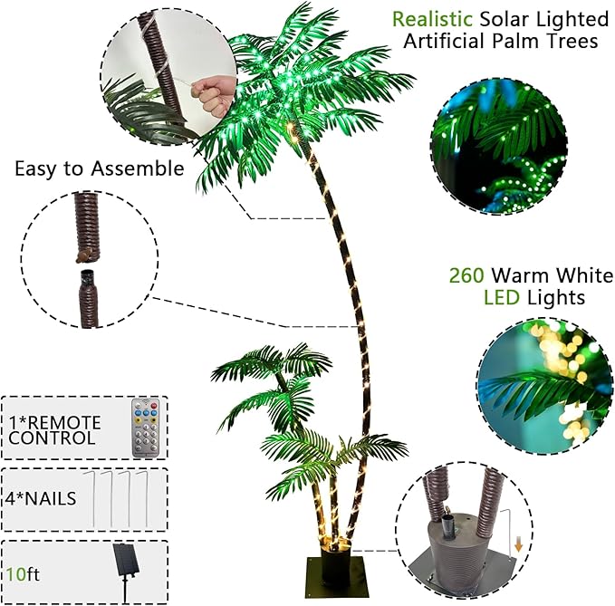 SOSHOT 6FT Solar Lighted Palm Trees for Outside Patio Light Up 260 LED Artificial Fake Tree Lights for Pool Bar Tropical Party Deck Outdoor Decorations