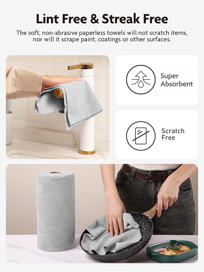Fantasticlean Microfiber Cleaning Cloth Roll -150 Pack, Tear Away Microfiber Towels, 12" x 12", Reusable, Washable, Ultra Absorbent Dishcloth for All-Around Cleaning Supplies (2 Rolls of Grey)