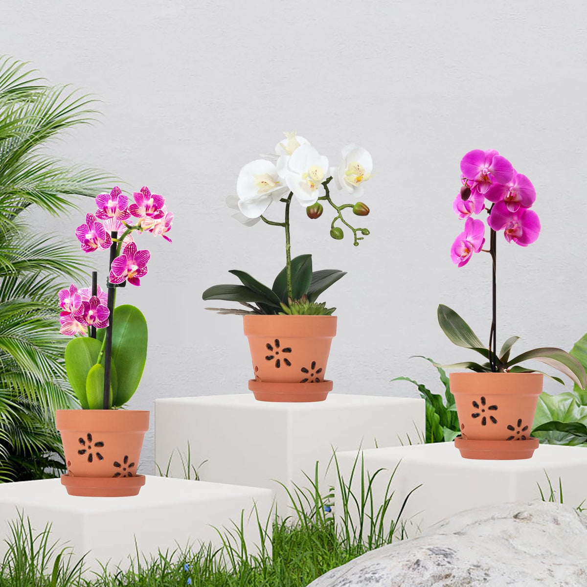 JUXYES Small 4" Hollowed Out Terracotta Orchid Pots with Holes and Saucer
