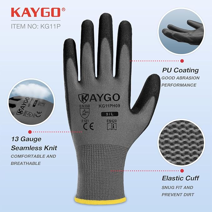 KAYGO Safety Work Gloves PU Coated-12 Pairs KG11PB Seamless Knit Glove with Polyurethane Coated Smooth Grip on Palm & Fingers for Men and Women (Small, Gray)