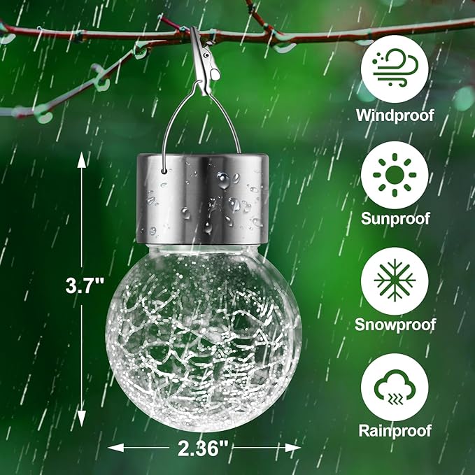 Solar Outdoor Lights Decorative 12 Pack, Hanging Solar Garden Lights Waterproof, Solar Powered Globe Cracked Glass Ball Lantern for Yard Patio Fence Tree Umbrella Holiday Decoration, Warm White