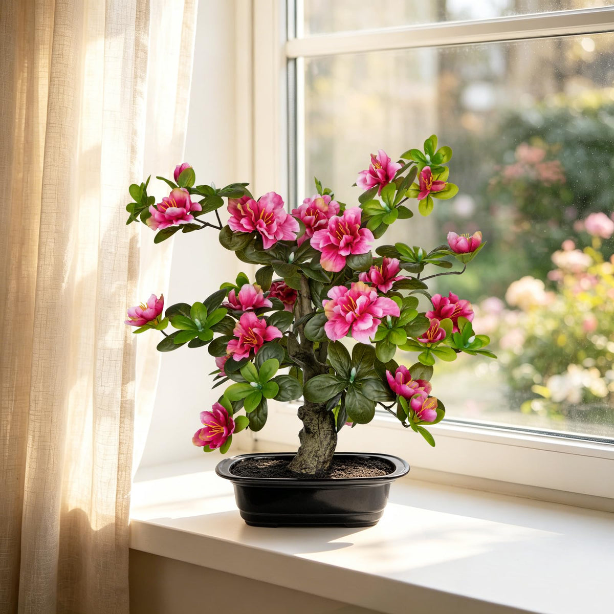 Hollyone Artificial Azalea Bonsai Tree Pink Fake Rhododendron Flowers Plants in Pot 15.7" Faux Azalea Flower Silk Small Potted Plant Floral Arrangement Desk Garden Walkway Table Centerpiece Home Decor