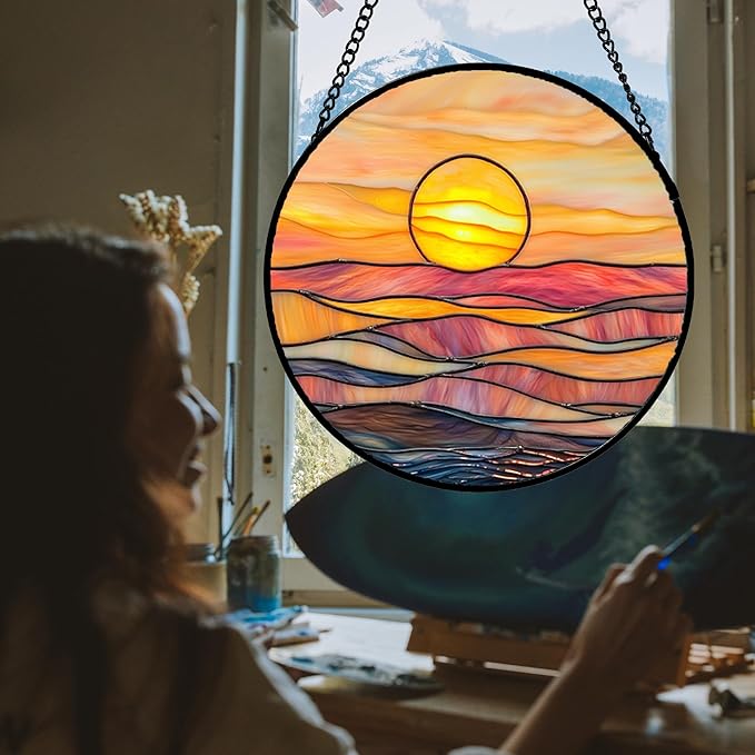HWRHTR Stained Glass Window Hanging, Orange Sunrise Suncatcher Diamond Glass Panel Hangings Scenery Sun Catchers Decor for Birthday for Women, Men, Wife, Aunt, and Mom 14.9 in