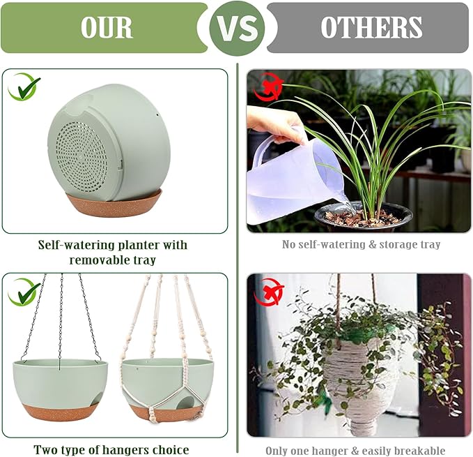 Lucieblessdesign Hanging Planters for Outdoor Indoor Plants, 2 Pack 12 Inch Hanging Basket Plants Outdoor, Self Watering Hanging Planter with Plant Hanger for Garden Home Decoration (Green)