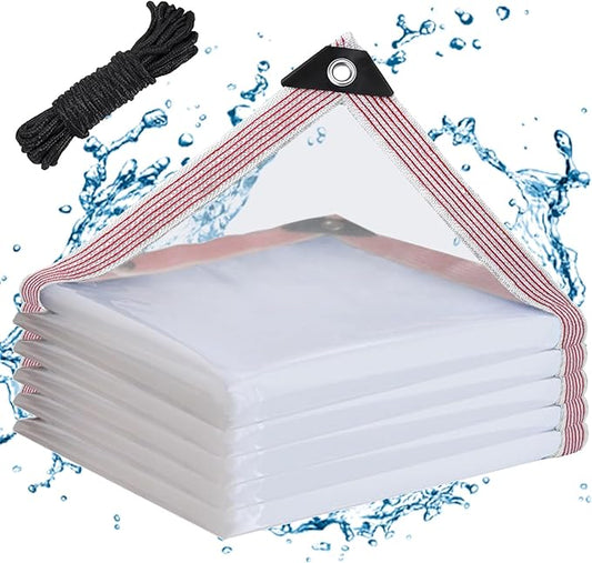 Clear Waterproof Tarp with Grommets,Heavy Duty Clear Vinyl Plastic Tarps for Outdoor,Transparent Tarpaulin PVC Tarps Covering for Patio Henhouse Porch Canopy Plant Camping (White Border, ft-8x8)