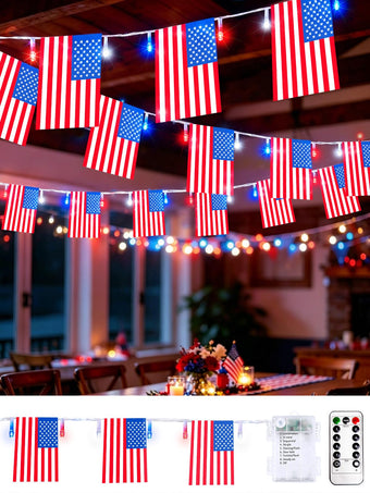 4th of July Lights 24FT Red White Blue Flag LED String Lights with Remote