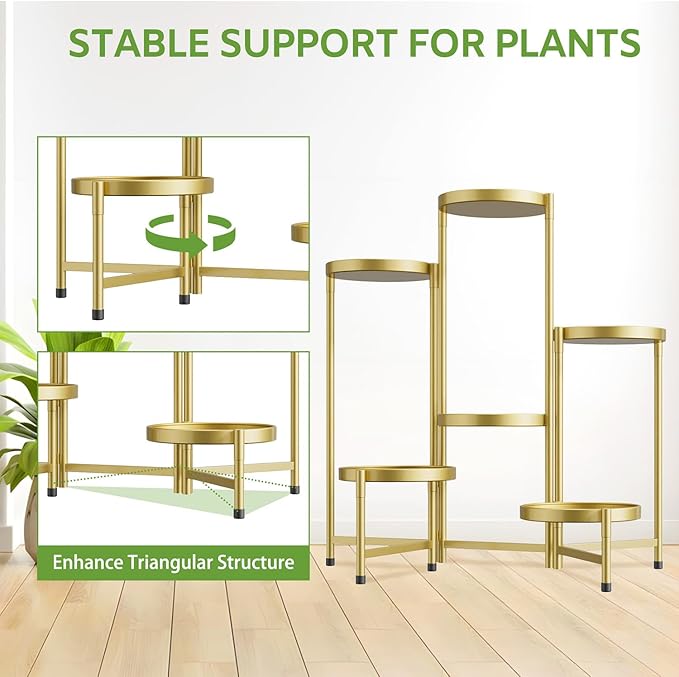 iDavosic.ly 6 Tier Large Plant Stand Indoor, 10 Inch Wide Tall Corner Metal Plant Stands Outdoor for Multiple Plants, Folding Tiered Flower Display Holder Rack Shelf, Gold