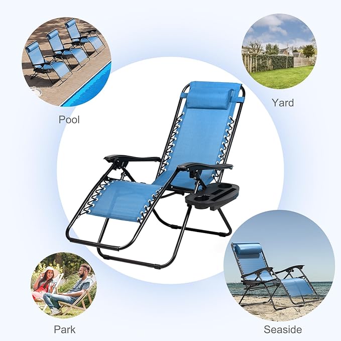 Nazhura Set of 2 Relaxing Recliners Patio Chairs Adjustable Steel Mesh Zero Gravity Lounge Chair Beach Chairs with Pillow and Cup Holder (Sky Blue)