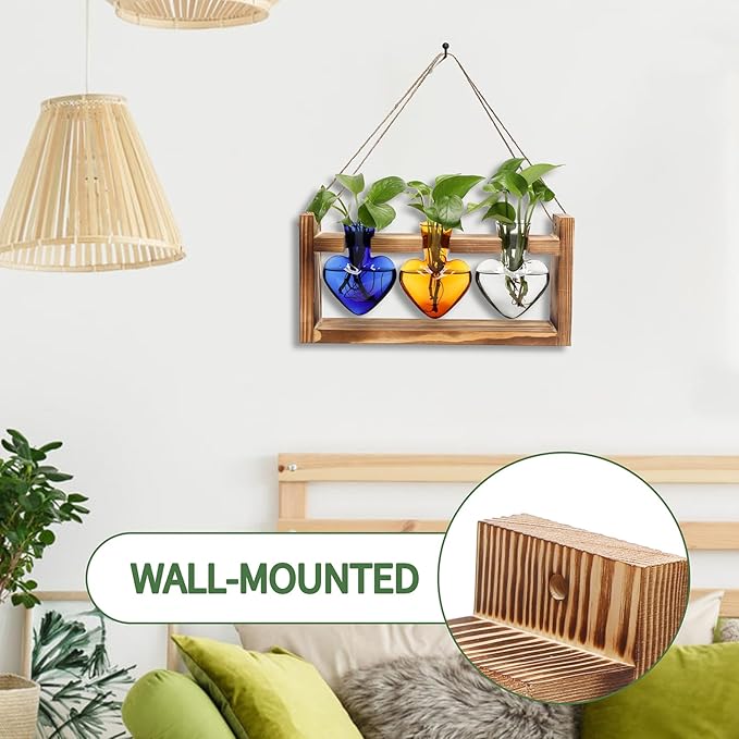 Plant Terrarium Propagation Stations Hydroponics Home Garden Decoration Gift for Women with Wooden Stand Heart Shaped Colored Glass Vase