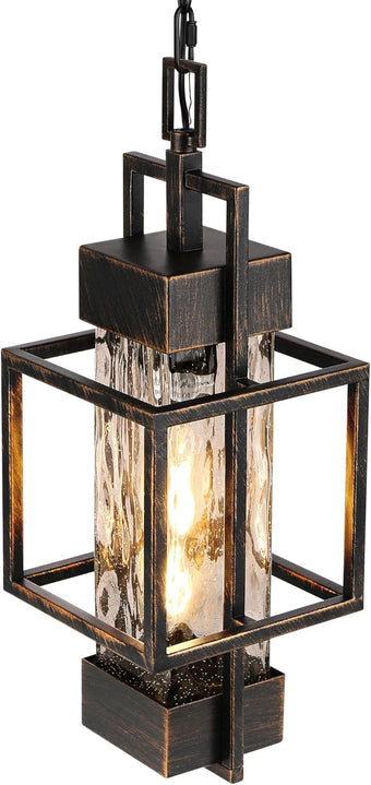 15" Outdoor Indoor Pendant Light Exterior Hanging Lantern, Modern Black Metal Outside Chandelier Light Fixture Ceiling Mount with Water Glass for Front Porch Entrance Foyer Entryway, Black Brush Gold