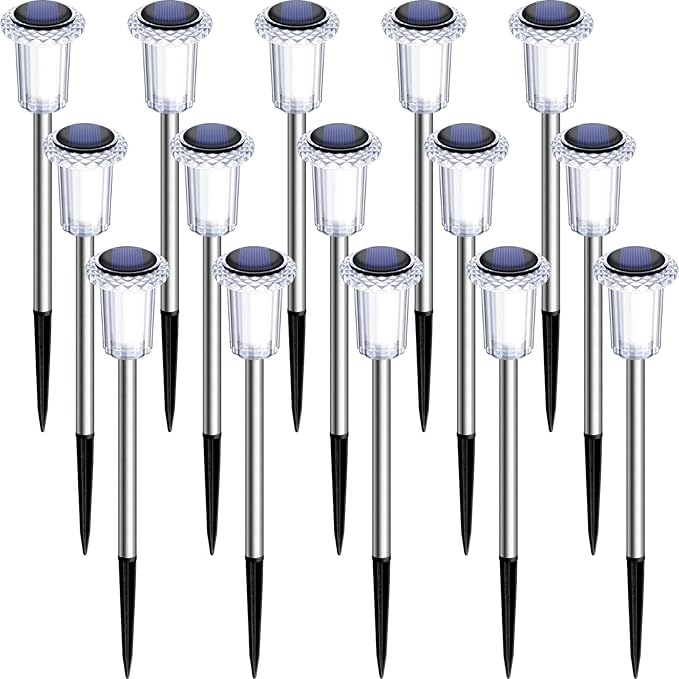 DenicMic Solar Lights Outdoor 15 Pack Waterproof 3000K Warm White LED Stainless Steel Stake Outside Lights for Yard Pathway Garden Driveway Walkway Landscape Path Lighting