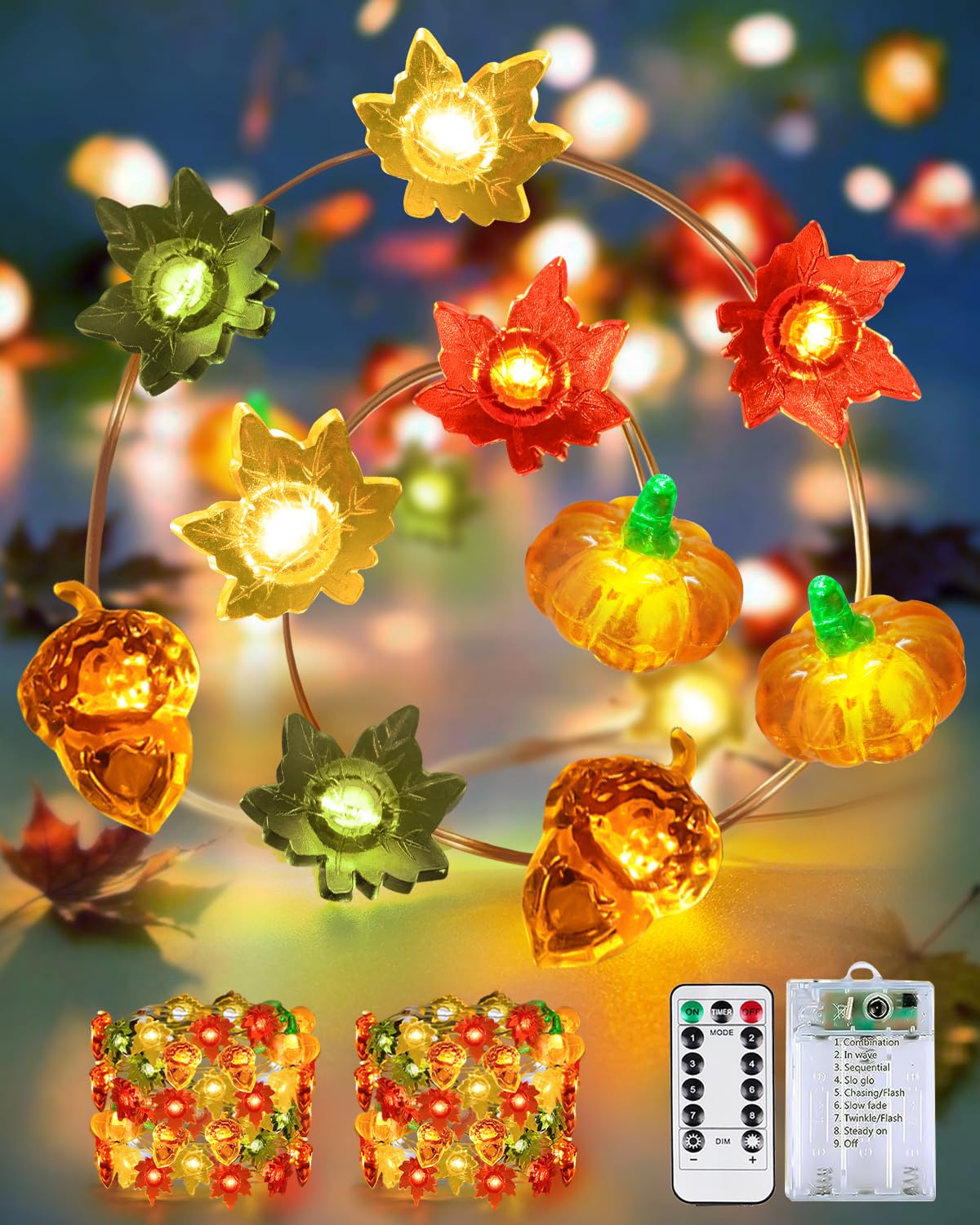 2 Pack 30 LED Fall Decorations, String Lights Battery Operated with Remote