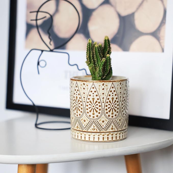 Gepege 4 Inch Small Indoor Succulent Ceramic Planter Pot with Drainage Holes and Saucers for Plants, Birthday for Women Mom