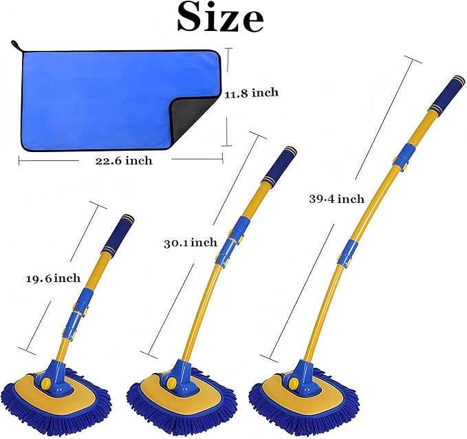 Car Wash Brush with Long Handle, Microfiber Towels Car Wash Kit Cleaning Supplies, Car Wash Mop Mitt with 2 Replacement Head , Extension Pole Car Brush Cleaning Kit for Cars Trucks(Blue)