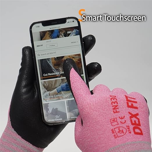DEX FIT Nitrile Work Gloves FN330, 3 Pairs, 3D-Comfort Stretchy Fit, Firm Grip, Thin & Lightweight, Touch-Screen Compatible, Durable, Breathable & Cool, Machine Washable; Pink L (9)