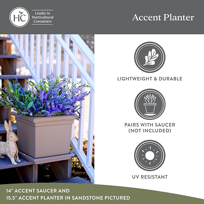 The HC Companies 15.5 Inch Accent Square Plant Pots with Drainage, Lightweight UV-Resistant Plastic Planters for Indoor & Outdoor Plants, 2-Pack Flower Pots for Garden, Office & Home Decor, Evergreen