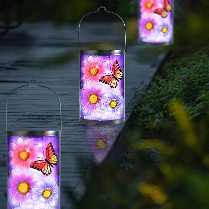 Afirst Hanging Solar Lantern Outdoor Butterfly Glass Lights Waterproof LED Lamp for Garden Yard Tree Desk Decor