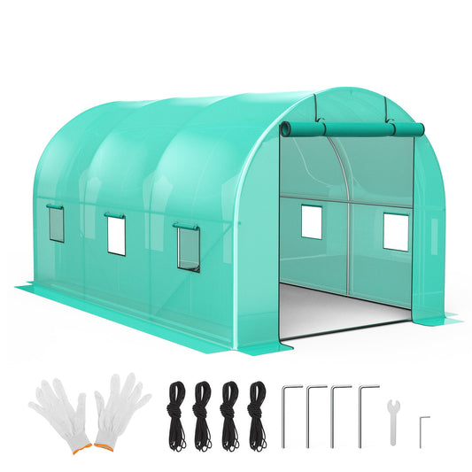 GarveeLife 13x8x7 ft Walk-in Tunnel Greenhouse, Garden Plant Hot House for Outdoors Vegetables Plants, Galvanized Steel Frame Green PE Cover Warm House with 6 Mesh Windows & 2 Roll-Up Zipper Doors
