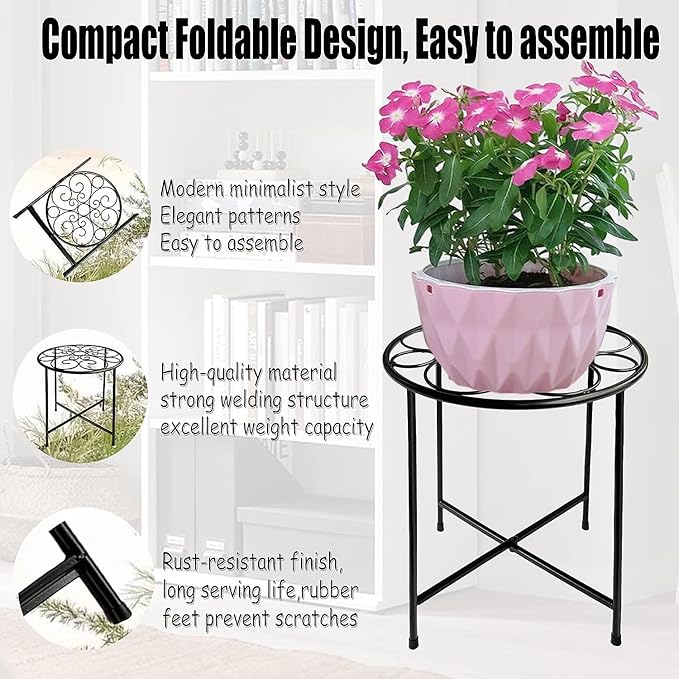 ZEECER Plant Stand, 2 Pack Round Plant Stands Indoor Outdoor, Retro Design 15'' Tall Plant Stand, Rust-proof Coated Metal Plant Pot Stand Flower Stands for Indoor Plants Patio Garden Home Decor Black