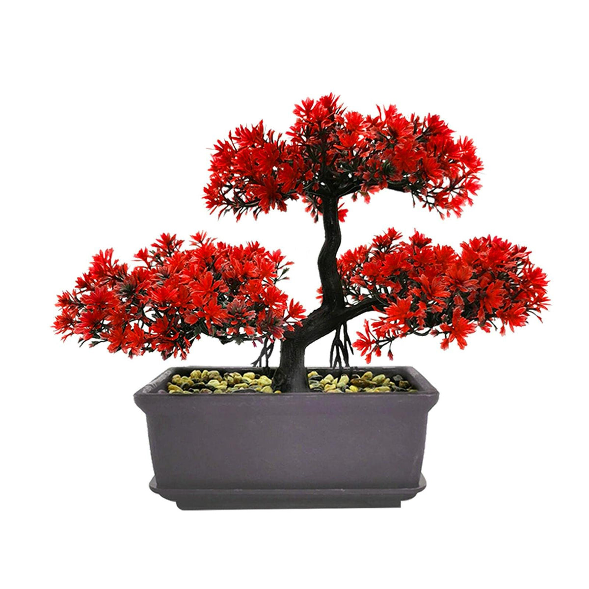 Meluvora 8.66" Artificial Bonsai Tree with Textured Trunk, Broad Canopy and Pebble Base for Bathroom Desk Shelf, Japanese and Zen Decor(Red)