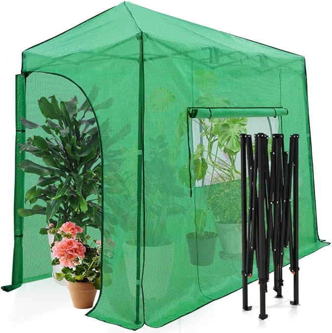 EAGLE PEAK Instant Pop-up Greenhouse, Indoor Outdoor Plant Gardening Green House, Roll-Up Zipper Doors and Side Windows, Lean-to 10x5 ft, PE Cover, Green/Clear