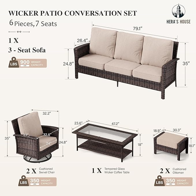HERA'S HOUSE Patio Furniture Set with 35" High Back Swivel Chairs, Outdoor Wicker Conversation Sofa Sets, 5.5" Thick Cushions for Deck Lawn Poolside Backyard, Beige