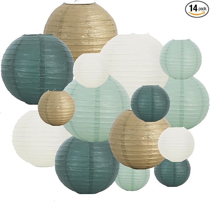 BEISHIDA 16 Pcs Sage Green Gold Paper Lanterns,Hanging Decorative Chinese Japanese Round Paper Lantern Lamp for Birthday Wedding Baby Bride Shower Home Party Decoration