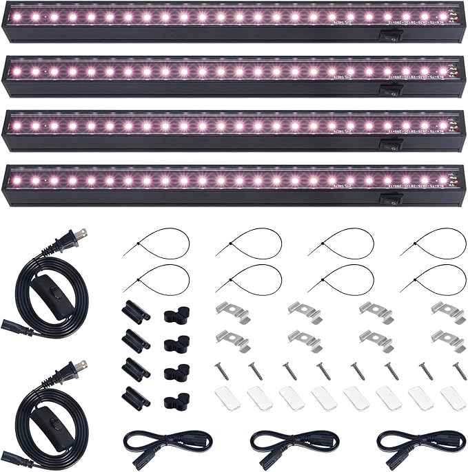 Barrina 1ft Grow Lights for Indoor Plants Full Spectrum, LED Grow Lamp with Black Cover, T5 Grow Light Strip, Under Cabinet Grow Light with Switch Cord, Plug and Play, Linkable, Pinkish White, 4 Packs