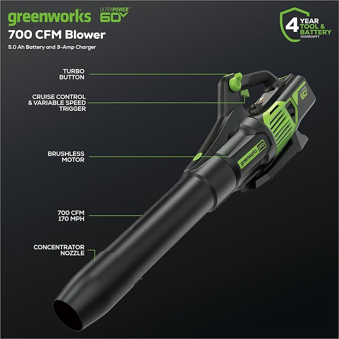 Greenworks 60V 700 CFM Brushless Leaf Blower, 5.0 Ah Battery and Rapid Charger