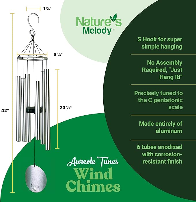 Nature’s Melody Aureole Tunes Wind Chimes – Outdoor Windchime with 6 Tubes Tuned to C Pentatonic Scale, 100% Rustproof Aluminum, Powder Finish & S Hook Hanger for Sympathy, Memorial Gift or Zen Garden