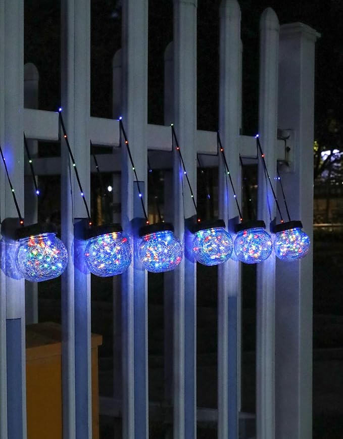 PARTPHONER Solar Lights Outdoor Waterproof 12-Pack, Solar Powered Hanging Lantern Cracked Glass Hanging Globes for Yard Decor Christmas Decoration, Shepherd Hook, Garden Tree Ornaments, RGB