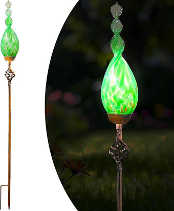 Naboher Solar Garden Lights Outdoor, Decorative LED Flame Garden Stakes, Hand Blown Glass and Outdoor Waterproof Glass Stakes (Green)