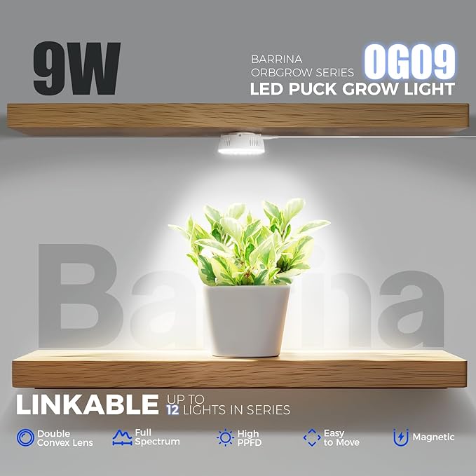 Barrina Orbgrow OG09 Puck LED Grow Light, 5000K 9W (135 Watt Equiv), Plant Lights for Indoor Plants Full Spectrum, Magnetic & Linkable, Small Grow lamp, Perfect for Plant Shelf, 1 Pack