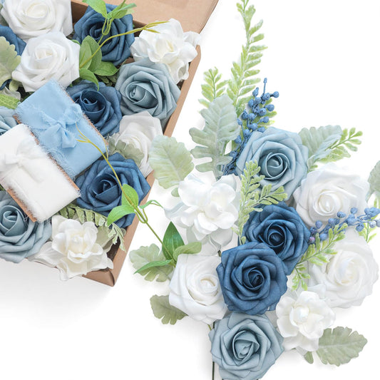 Ling's moment Fake Flowers Box, Dusty Blue & Navy & White Grand Combo