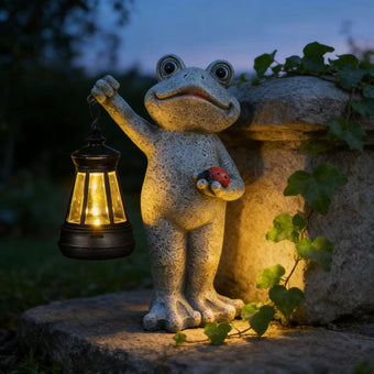 Yewanye Solar Frog Garden Statue, Resin Figurine with Ladybug & Hanging Solar Lantern Outdoor Decor