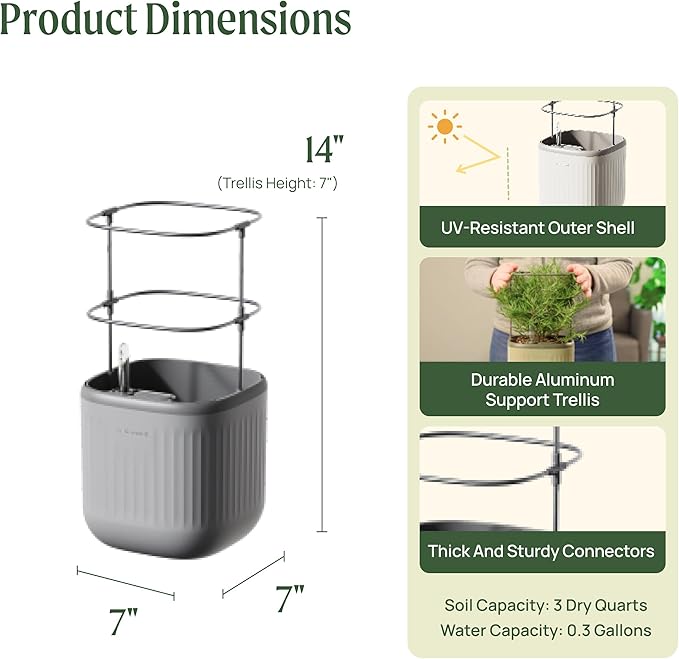 Vego garden Mini Planter Indoor Pots with Trellis Self-Watering Herb Countertop Planter for Climbing Vegetables Flowers Mint Plants Cage 2 Pack- Fog Gray