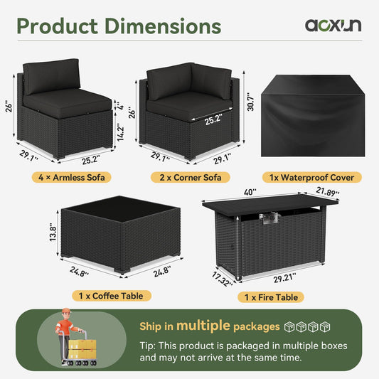 Aoxun 8 Piece Patio Furniture Set with 44” Fire Pit Table, Wicker Rattan Patio Sectional Sofa, Outdoor Furniture Set with Thickened Cushion, Black