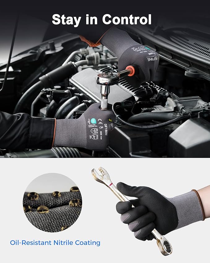 DULFINE Safety Work Gloves MicroFoam Nitrile Coated-3 Pairs Pack,Seamless Knit Nylon Glove with Black Micro-Foam Nitrile Grip,Ideal for General Purpose,Automotive,Home Improvement,Painting(Medium)
