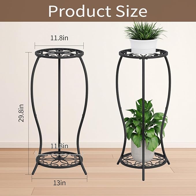 Plant Stand Indoor Outdoor, 2 Tier Metal Potted Holder Stand, Flower Pot Stand, Heavy Duty Plant Supports Rack, Corner Plant Shelf Rustproof for Planter Garden Balcony Patio Living Room (Black, 2 Tier)