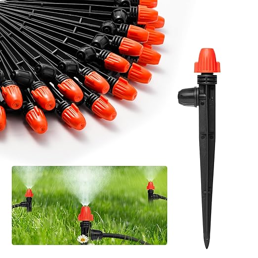 Drip Irrigation Emitters for 1/4" Tubing: Adjustable 360 Degree Drip Spray Emitters with Lock Barbed - Misting Drippers with Stake for Garden Watering System(30pcs)