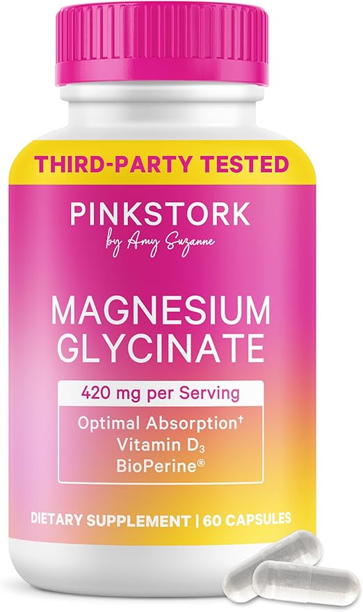 Pink Stork Magnesium Glycinate with Vitamin D - Magnesium Supplement for Women to Support Natural Calm, Mood, and Sleep - Hormone Balance for Women - 60 Capsules, 1 Month Supply
