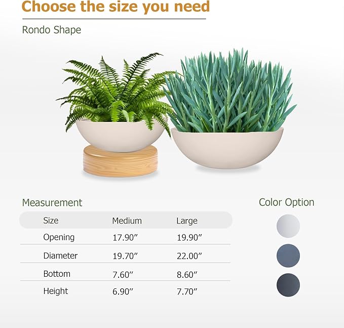 KUTE NEST 7.7" H x 22" D Round Bowl Fiberstone Planter for Succulent and Lotus with Drainage Hole, Smooth Finishes, Weather Resistant, Included 2 Extra Coco Mats (Kilim Beige, 19.9" Pot Opening)